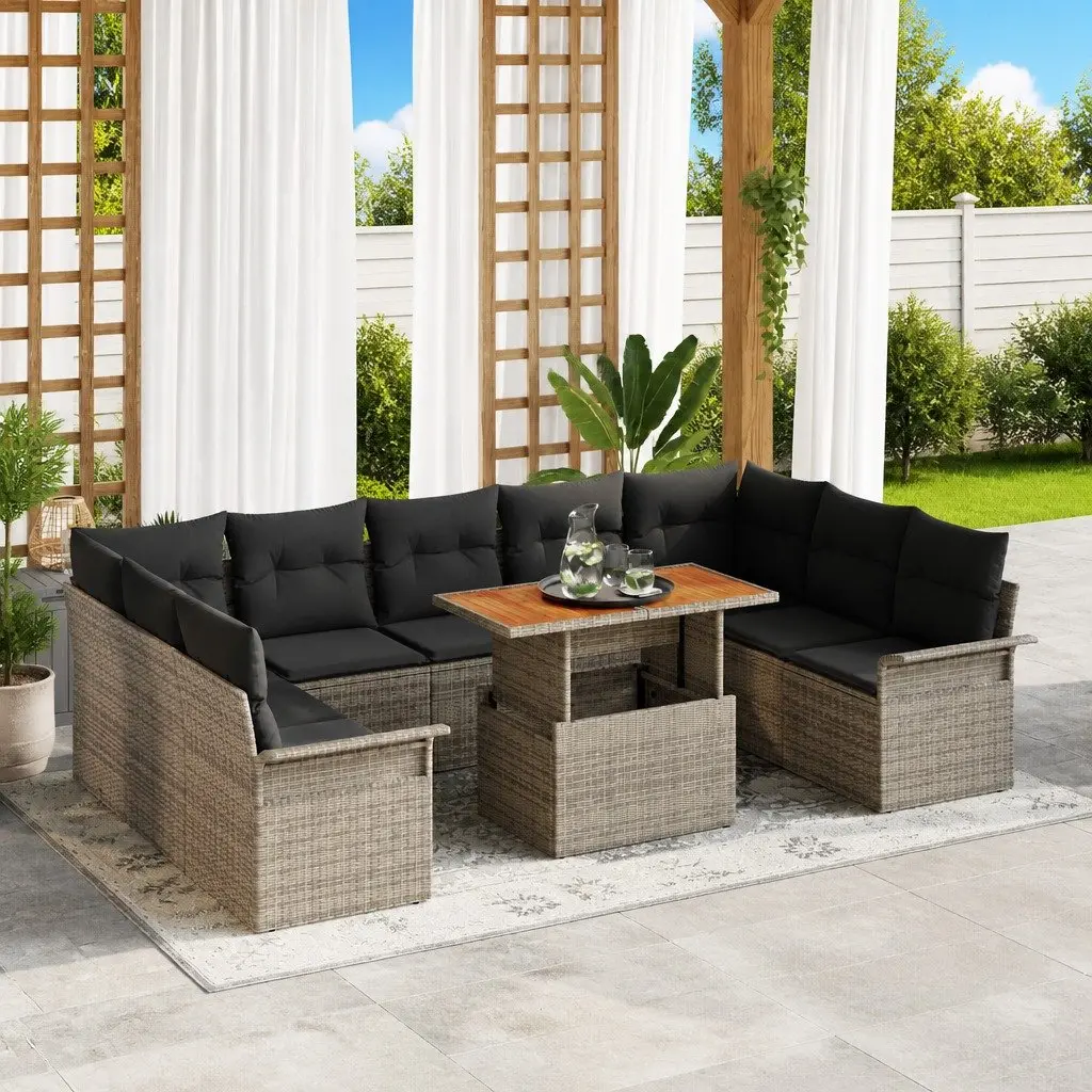Garden Sofa Set Outdoor Use 10 Pieces Grey Poly Rattan Steel Frame