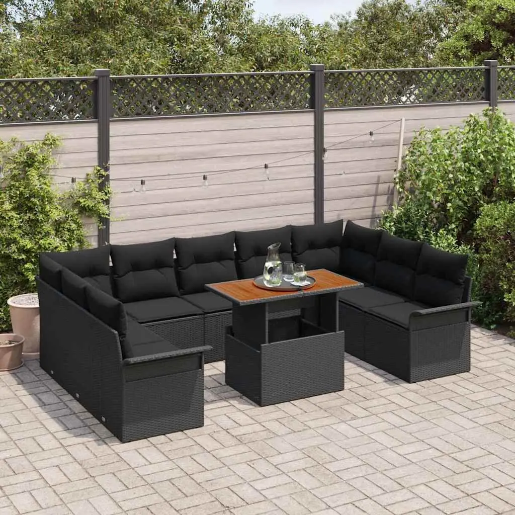 Outdoor Sofa Set 10 Piece Black Rattan with Cushions for Garden Patio Seating