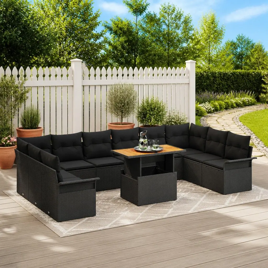 Modular Garden Sofa Set 11 Pieces Black Poly Rattan Outdoor Furniture Seating