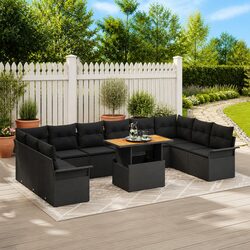 Modular Garden Sofa Set 11 Pieces Black Poly Rattan Outdoor Furniture Seating