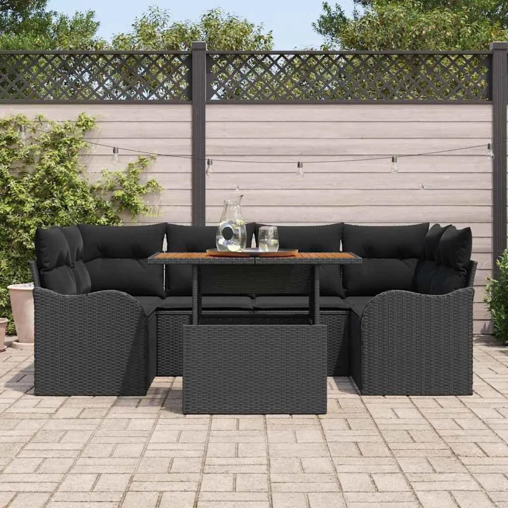 Garden Sofa Set 7 Pieces Black Outdoor Seating with Cushions Table