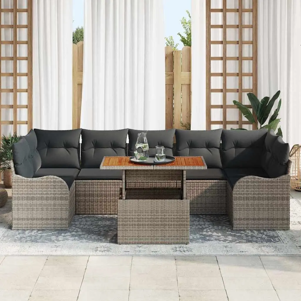 8 Piece Modular Sofa Set Outdoor Use Grey Poly Rattan Acacia Wood with Adjustable Height Table