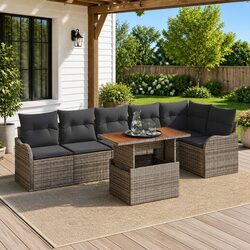 7 Piece Garden Sofa Set: Poly Rattan, Grey Finish