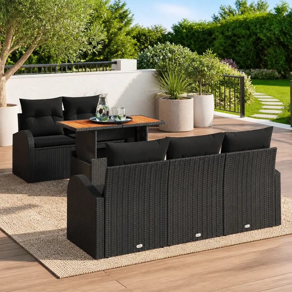 Outdoor Garden Sofa Set 6 Pieces Black Poly Rattan Patio Seating