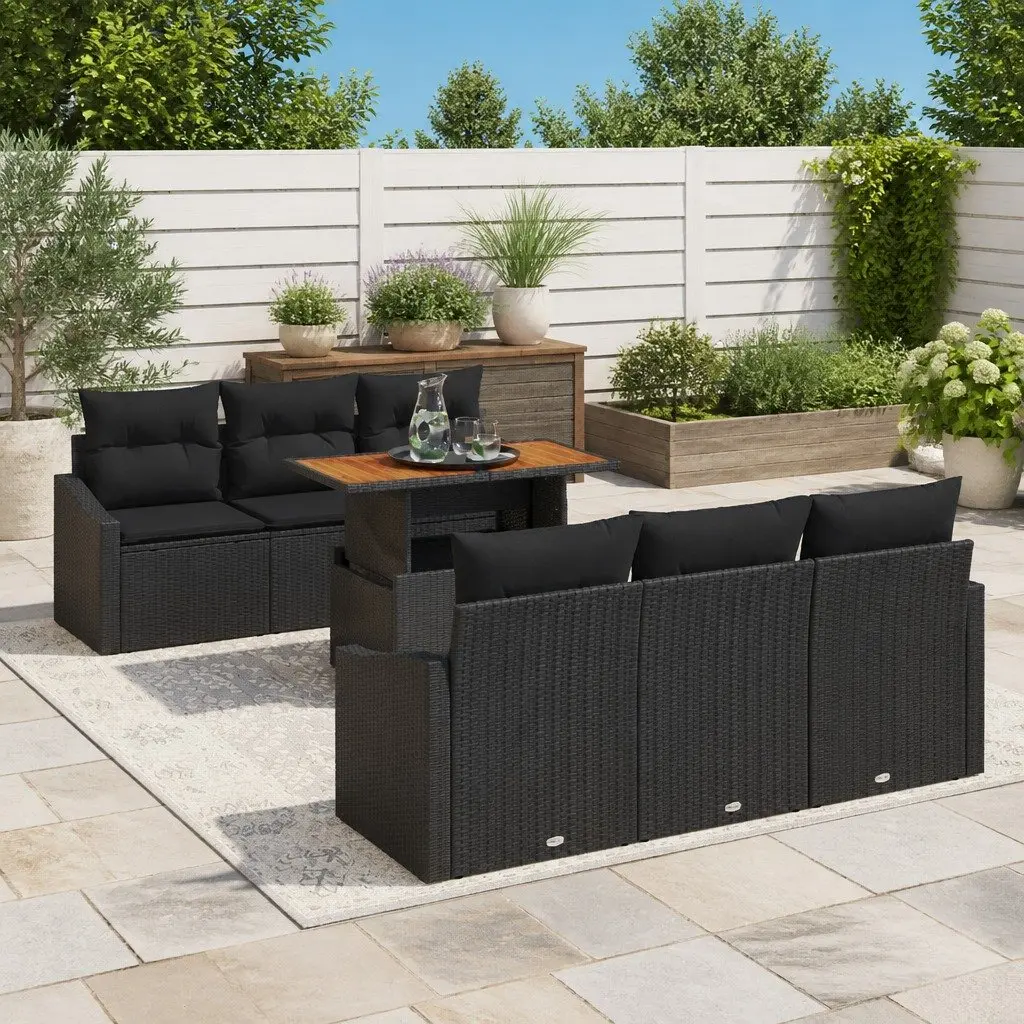 Modular Garden Sofa Set for Outdoor Use 7 Pieces Black Rattan Steel Frame