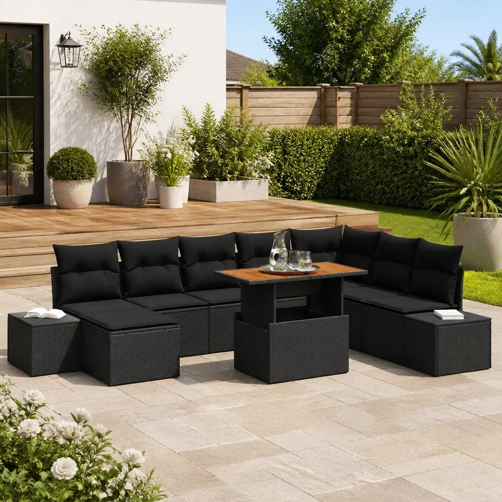 Outdoor Garden Sofa Set 9 Pieces Black Poly Rattan Modular Seating Furniture