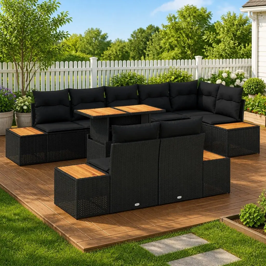 Outdoor Garden Sofa Set 9 Piece Modular Rattan Lounge Dining Black