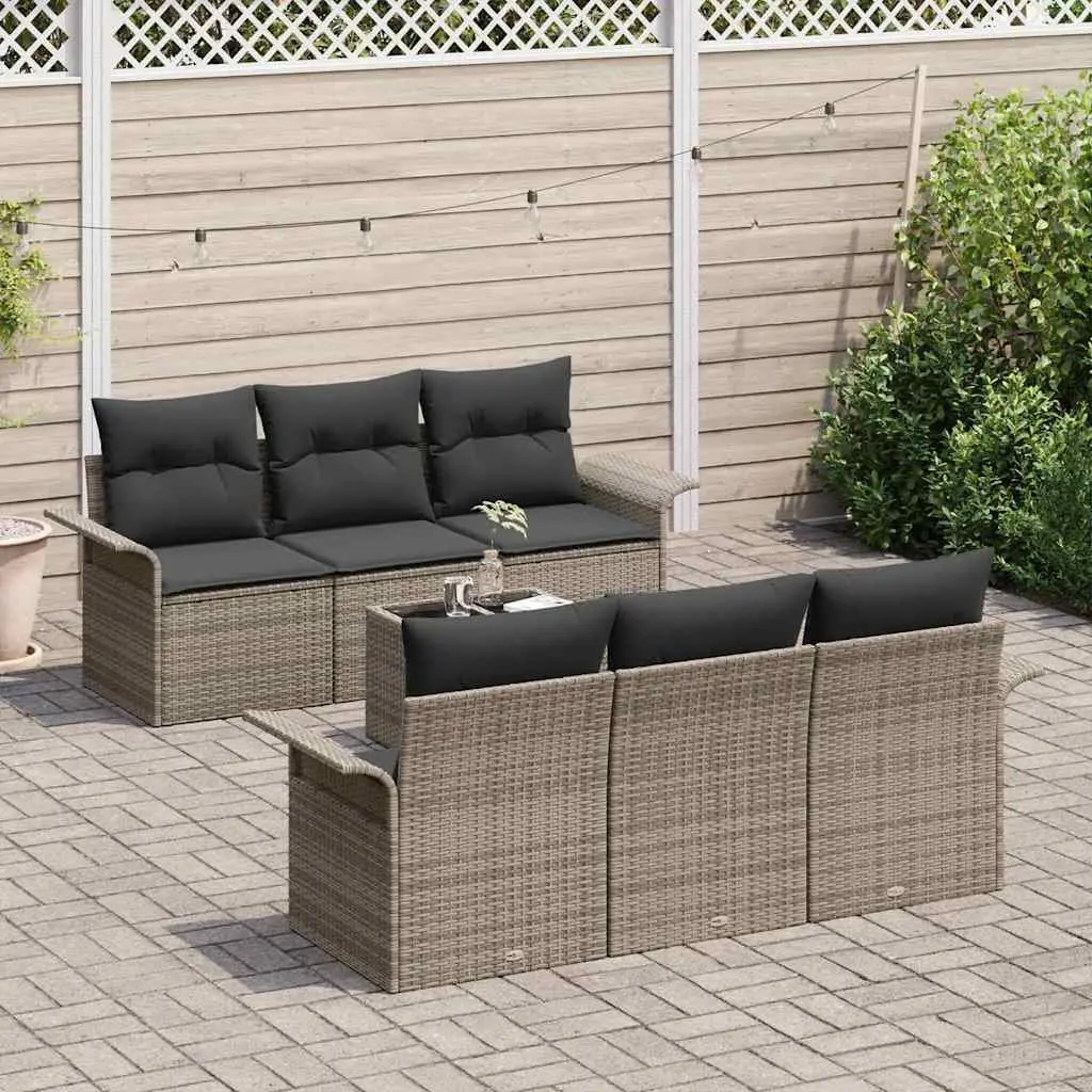 Outdoor Garden Sofa Set 7 pcs Modular Seating Grey Poly Rattan with Glass Table