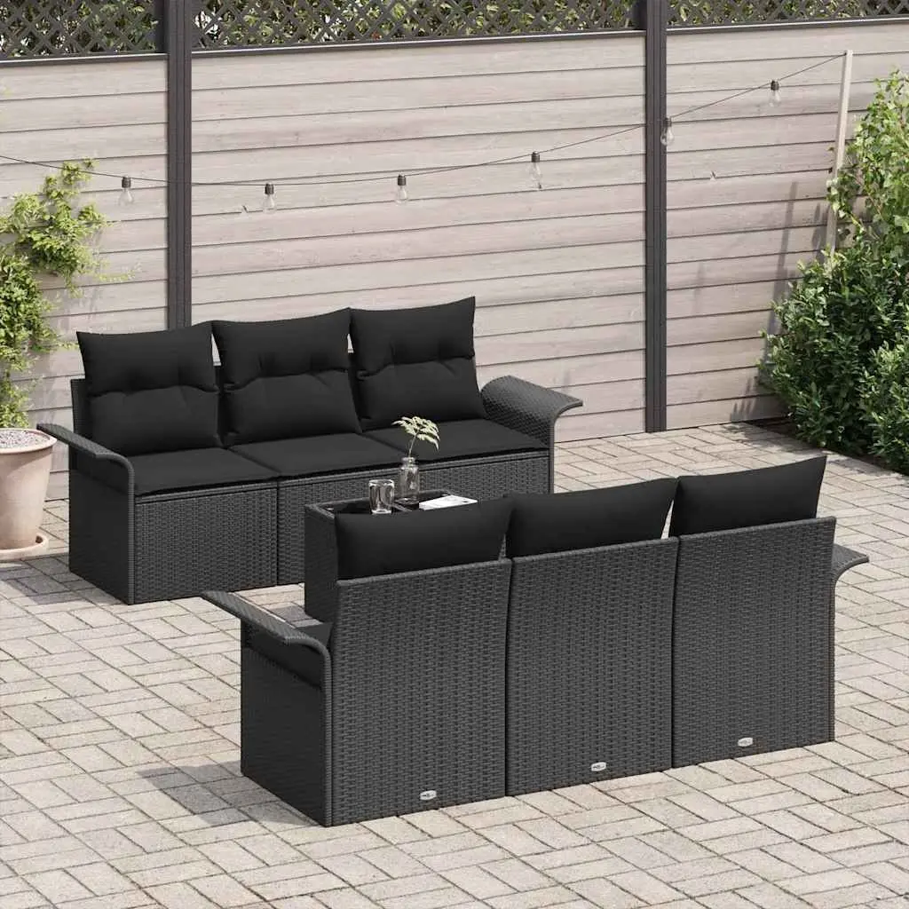 Outdoor Garden Sofa Set 7 Piece Modular Seating Black Poly Rattan with Glass