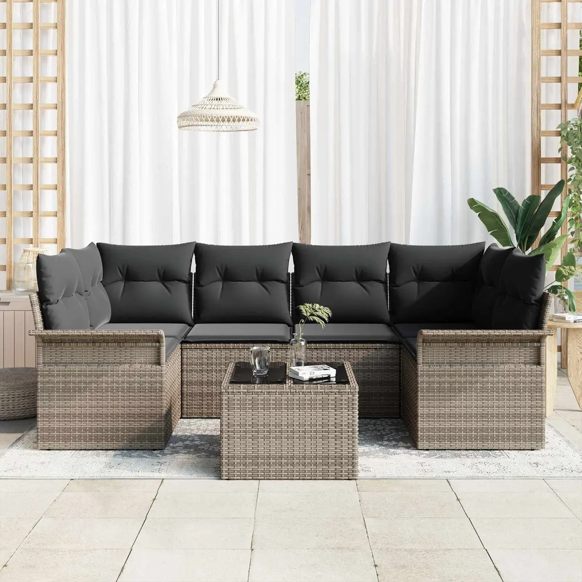 Modular Outdoor Seating Set 7 Piece Grey Poly Rattan Garden Sofa with Cushions and Glass Table for Patio and Garden Use