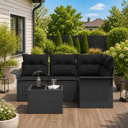 Outdoor Garden Sofa Set - 5 Modular Pieces, Black