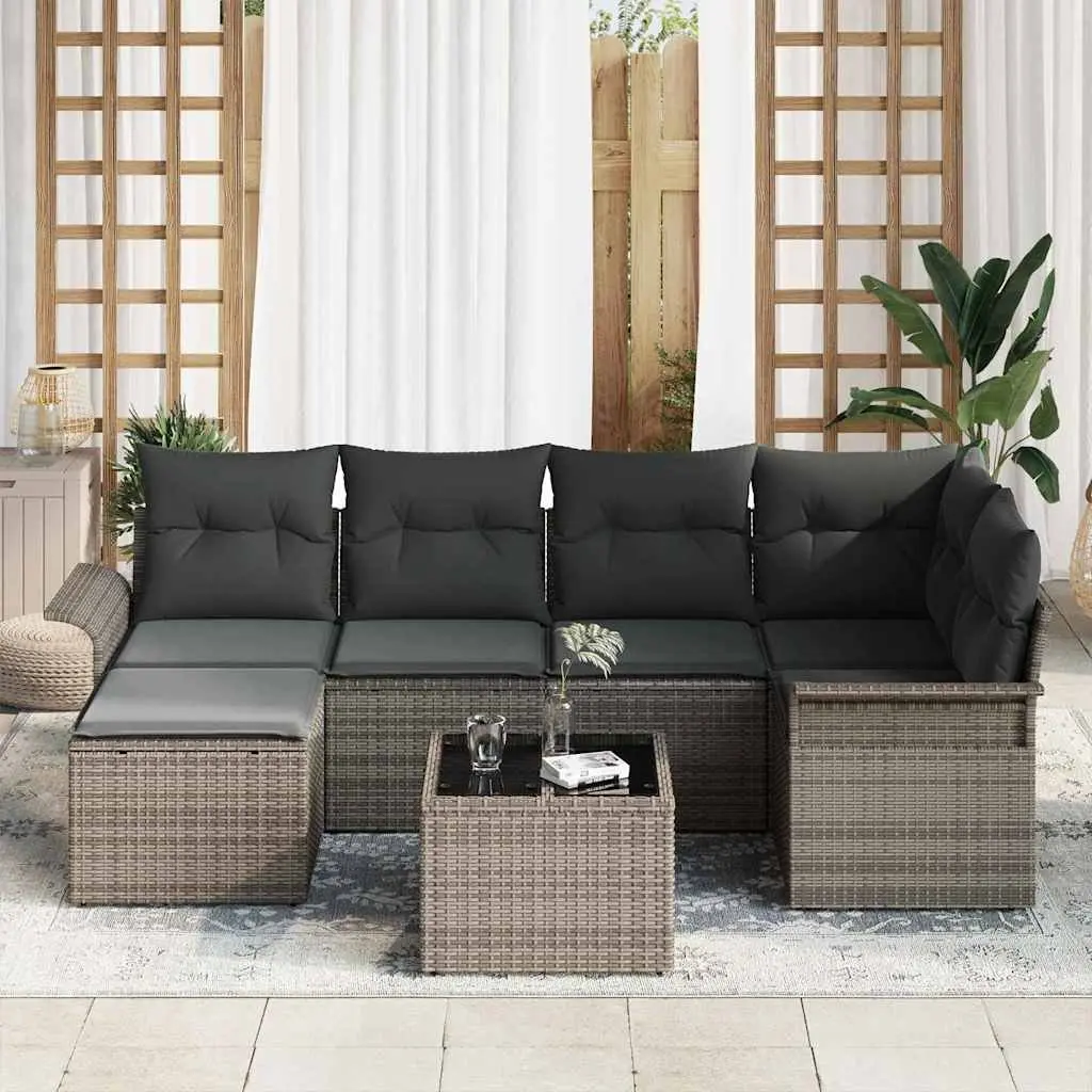 Modular Outdoor Sofa Set 7 Piece Garden Furniture Grey Poly Rattan with Storage