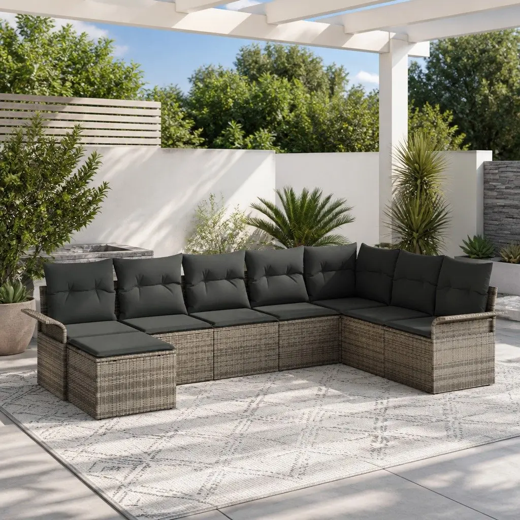 Modular Garden Sofa Set 8 Piece Grey Poly Rattan Outdoor Furniture with Cushions