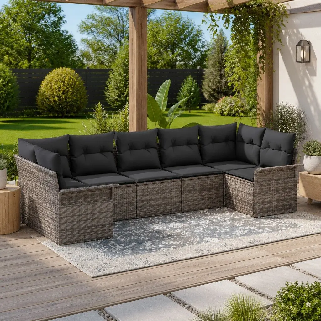 Garden Sofa Set 7 Pieces Outdoor Furniture Grey Poly Rattan Modular Seating