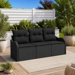 Outdoor Sofa Set: 3 Pieces, Black Poly Rattan