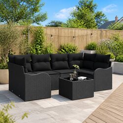 7-Piece Outdoor Sofa Set: Black Poly Rattan & Glass Table