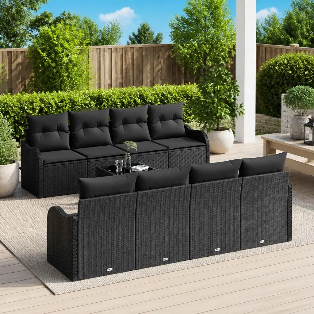 Modular Garden Sofa Set for Outdoor Use 9 Piece Black Rattan Steel Glass
