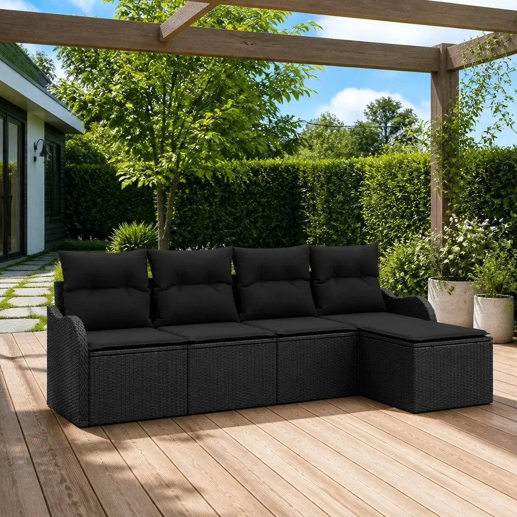 Modular Outdoor Furniture Sofa Set 5 Piece Black Poly Rattan with Storage for Garden