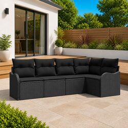 5 Piece Outdoor Garden Sofa Set with Storage Black Modular Rattan Furniture