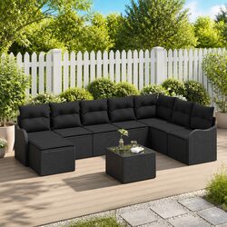 Modular Garden Sofa Set 9 Piece Outdoor Furniture Black Poly Rattan Cushions