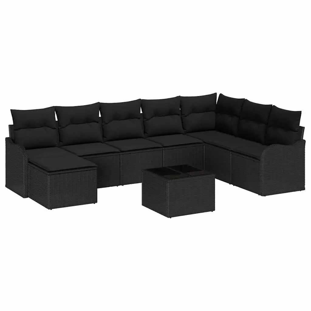 Modular Garden Sofa Set 9 Piece Outdoor Furniture Black Poly Rattan Cushions