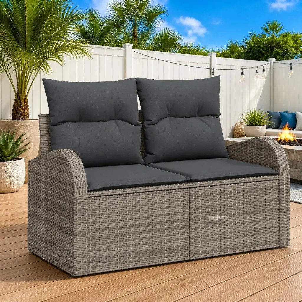 Modular Outdoor Seating Sofa Set 6 Piece Grey Poly Rattan with Storage Table for Garden Patio