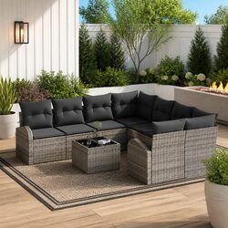 9-Piece Outdoor Sofa Set: Poly Rattan, Steel Frame, Grey