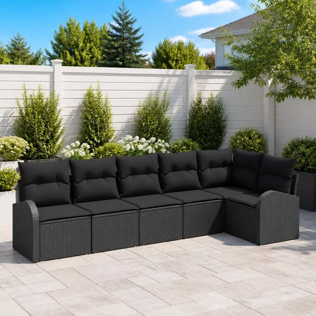Garden Sofa Set Outdoor Furniture 6 Piece Black Poly Rattan with Cushions