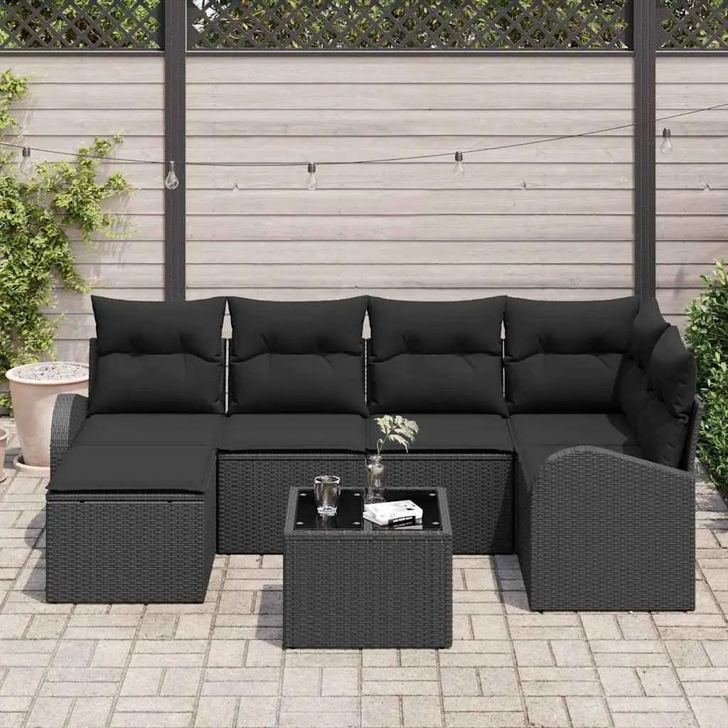 Outdoor Sofa Set for Garden 7 Pieces Modular Black Poly Rattan with Storage Cushions