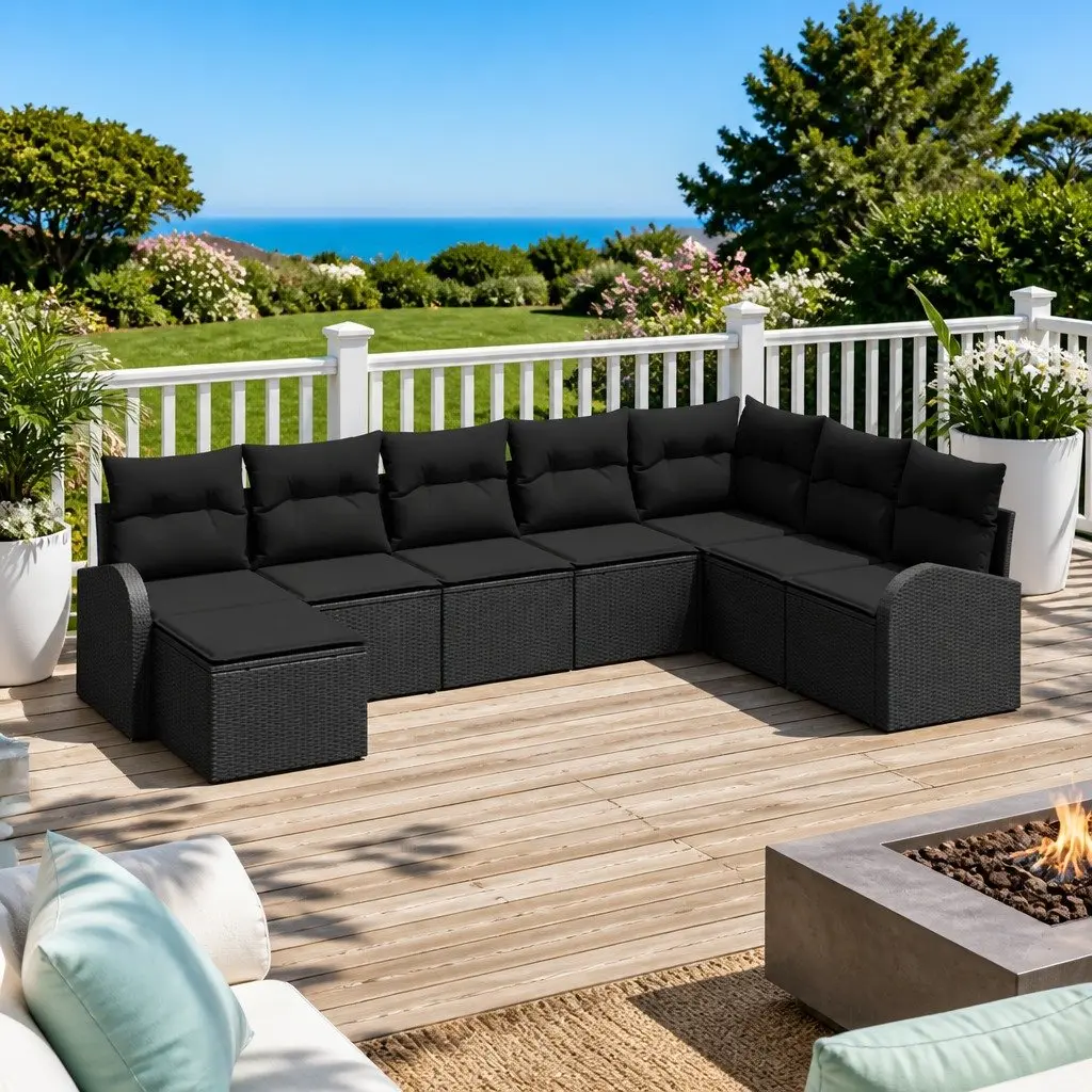 8PieceModularOutdoorSofaSetwithStorageBlackPolyRattanforGardenPatio