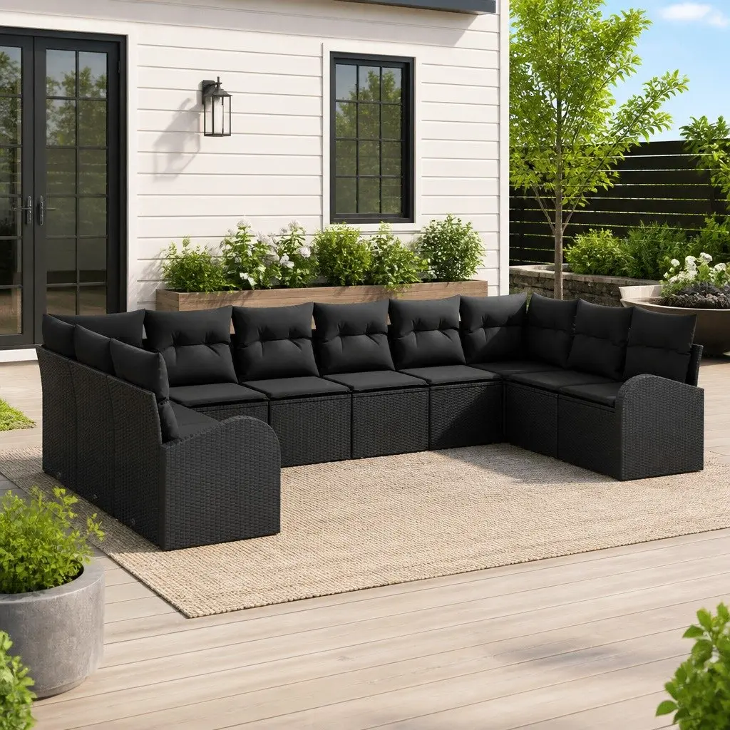 Outdoor Garden Sofa Set 10 Piece Modular Black Poly Rattan Patio Seating with