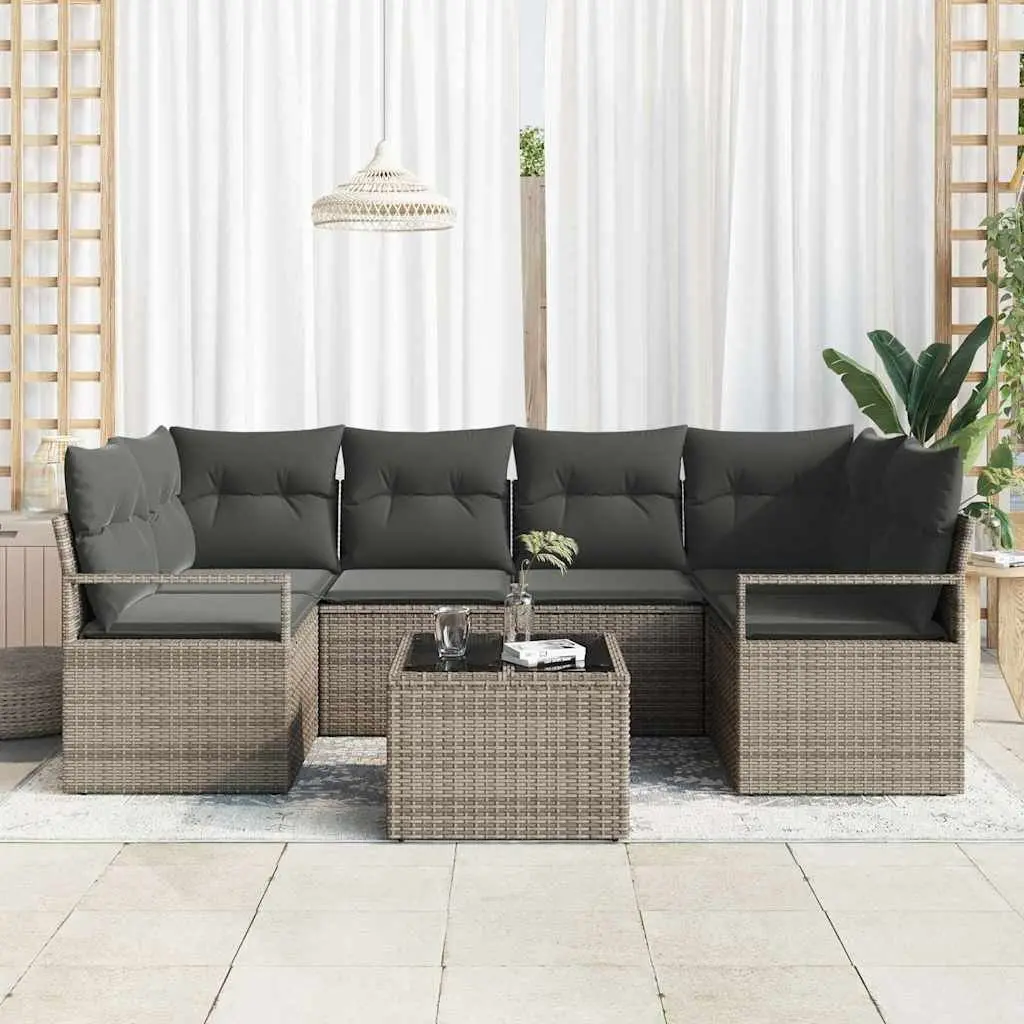 Outdoor Garden Sofa Set 7 Pieces Modular Grey Poly Rattan Steel Glass Patio