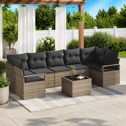 Outdoor Garden Sofa Set 8 Pieces Grey Poly Rattan Steel Frame Glass Table