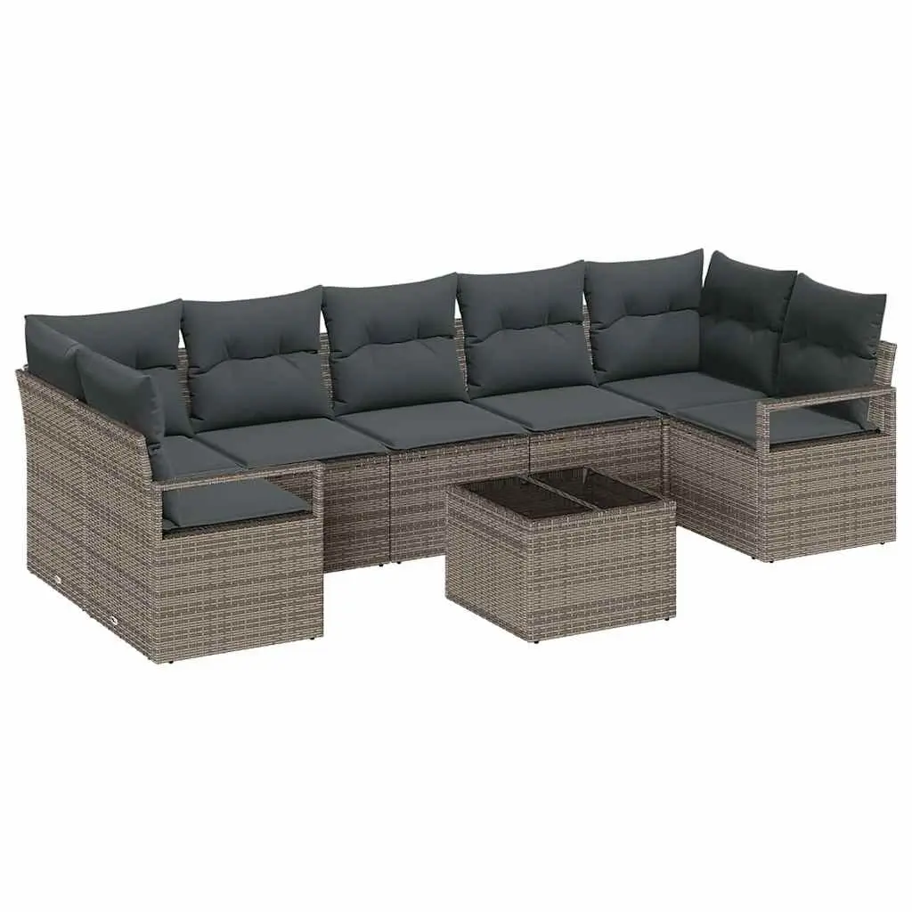 Outdoor Garden Sofa Set 8 Pieces Grey Poly Rattan Steel Frame Glass Table