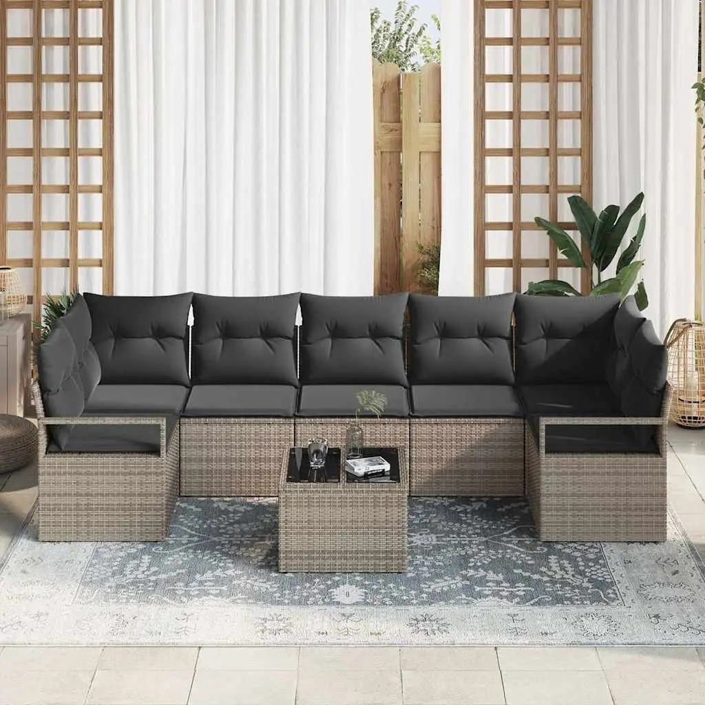 Outdoor Garden Sofa Set 8 Pieces Grey Poly Rattan Steel Frame Glass Table