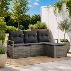 Outdoor Sofa Set 4 Piece Grey Poly Rattan Garden Furniture with Storage Cushion