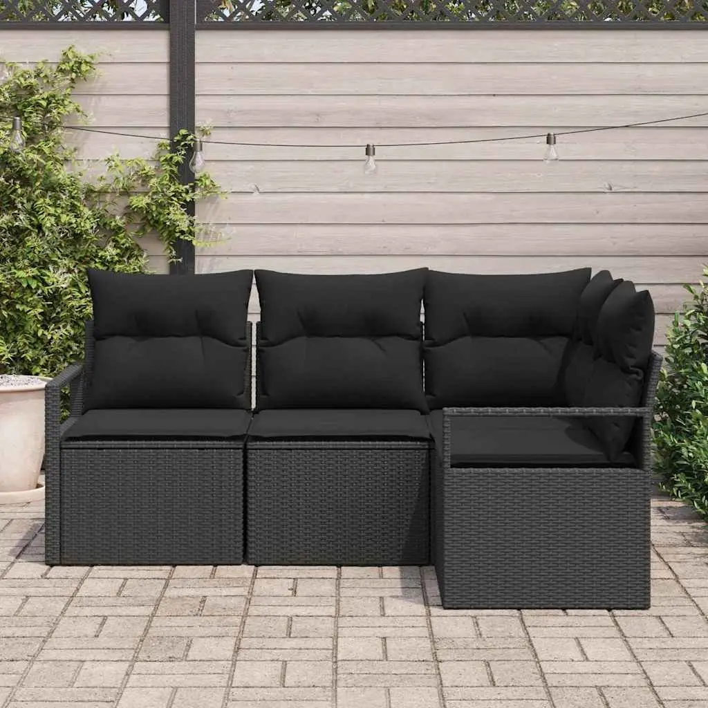 4 Piece Black Poly Rattan Outdoor Modular Sofa Set for Patios and Gardens