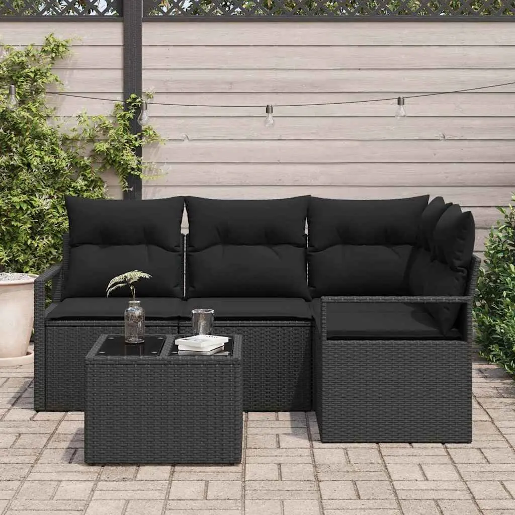 5 Piece Modular Outdoor Sofa Set Black Poly Rattan Garden Seating with Cushions