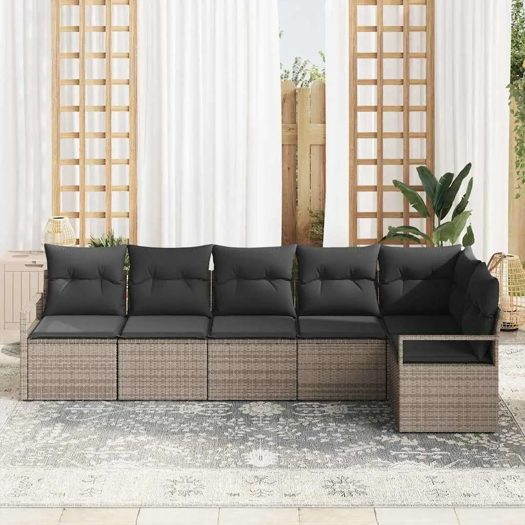 Outdoor Garden Sofa Set 6 Piece Grey Poly Rattan Modular Seating with Cushions