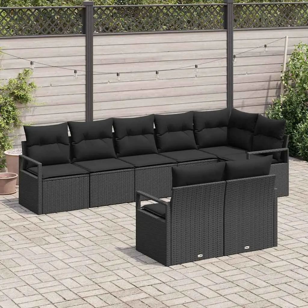 8-Piece Black Poly Rattan Garden Sofa Set