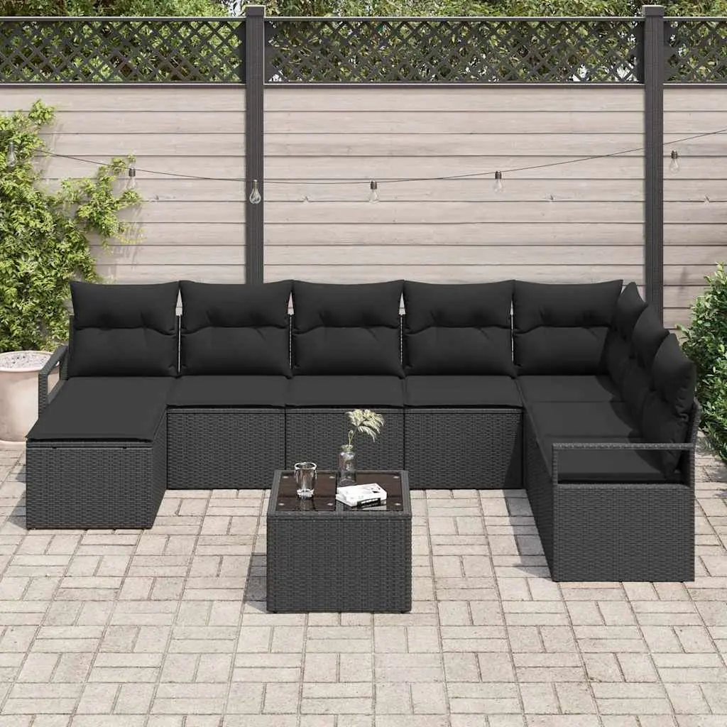 Outdoor Sofa Set Modular Garden Seating 9 Piece Black Poly Rattan with Storage