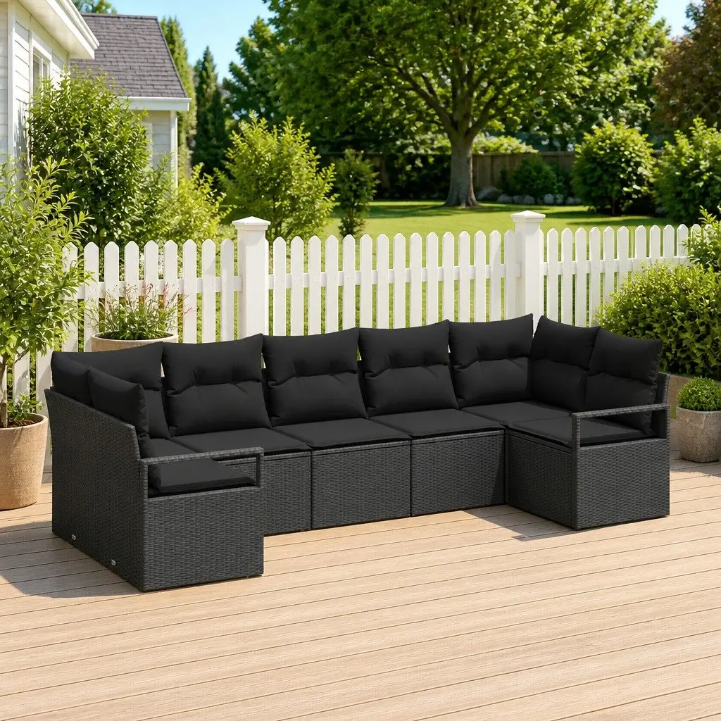 Outdoor Garden Sofa Set 7 Piece Modular Patio Furniture Black Poly Rattan