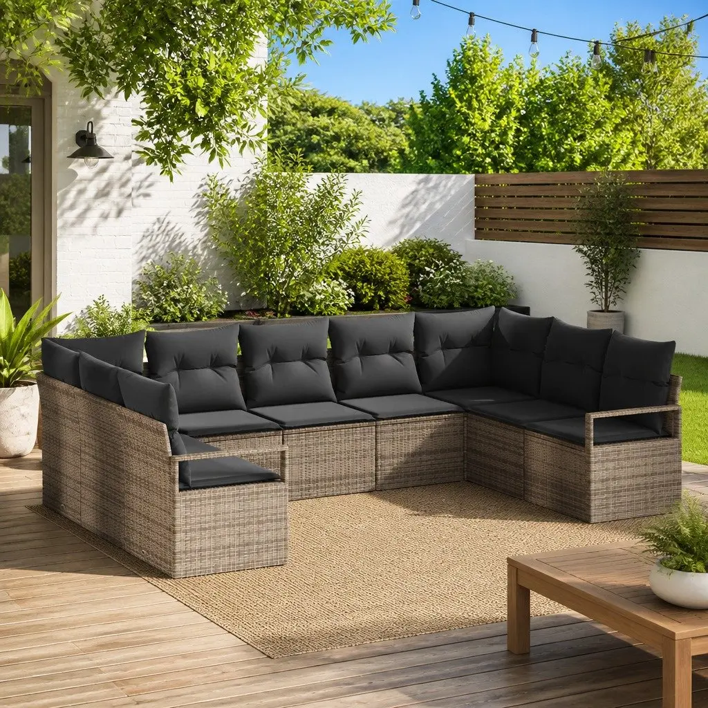 Outdoor Garden Sofa Set 9 Pcs Grey Poly Rattan Patio Furniture with Cushion
