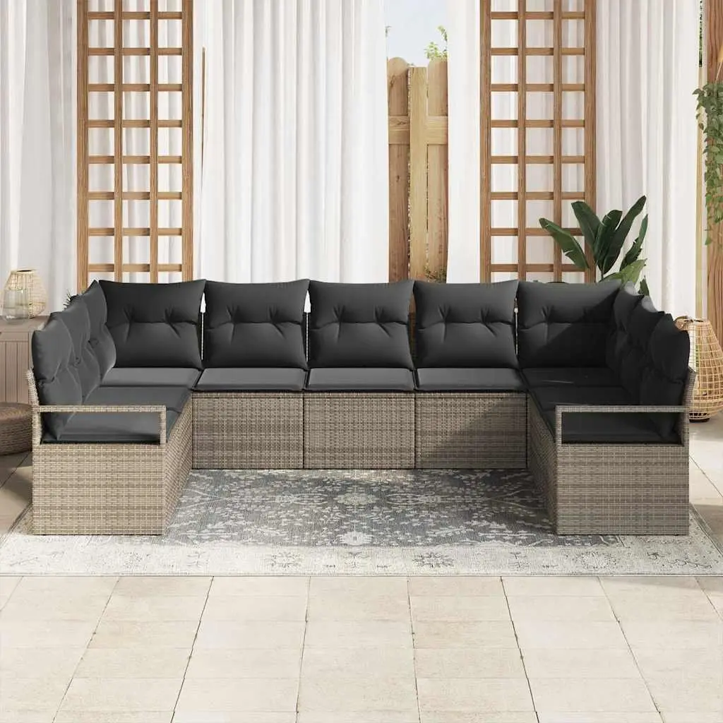 Outdoor Garden Sofa Set 9 Pcs Grey Poly Rattan Patio Furniture with Cushion