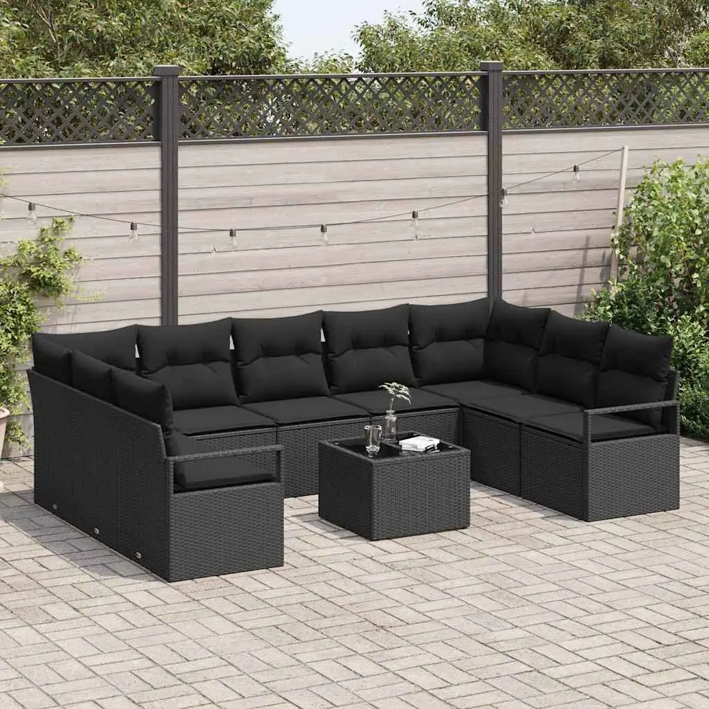 Outdoor Garden Sofa Set 10 Piece Black Poly Rattan Patio Furniture Seat Cushions