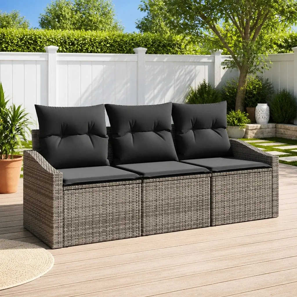 Outdoor Seating Set 3 Piece Grey Poly Rattan Sofa for Garden and Terrace with Cushions