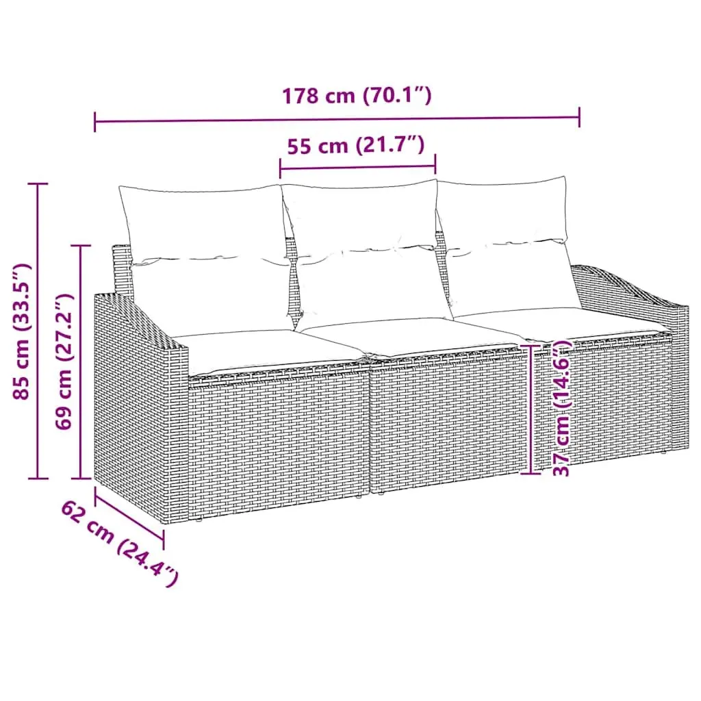 Outdoor Seating Set 3 Piece Grey Poly Rattan Sofa for Garden and Terrace with Cushions