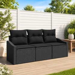 Garden Sofa Set 3 Piece Outdoor Seating Black Poly Rattan with Cushions Patio
