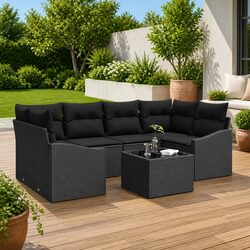 7 Piece Modular Sofa Set: Black Poly Rattan Garden Seating