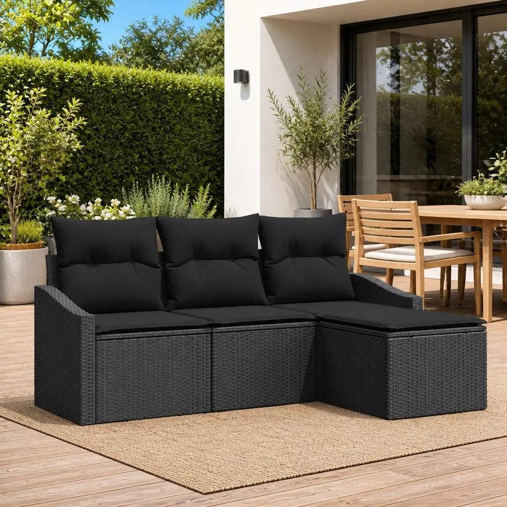 4 Piece Outdoor Sofa Set for Garden Patio Black Poly Rattan with Storage